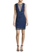 Marcy Sleeveless Beaded Silk Cocktail Dress, Navy