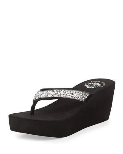 Widjaja Crystal Wedge Thong Sandal, Clear/black