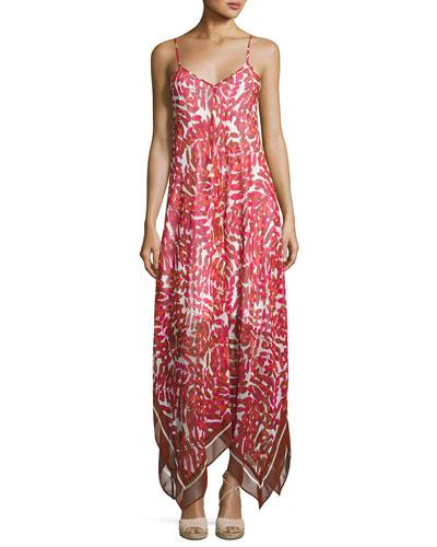 Leaf-print Chiffon Maxi Dress, Red/white