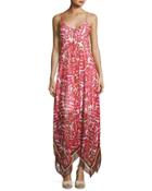 Leaf-print Chiffon Maxi Dress, Red/white