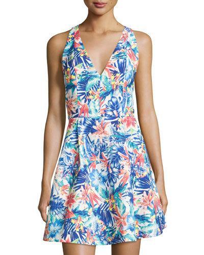 Topical-print Crisscross Sleeveless Dress, Blue/multi
