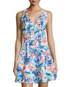 Topical-print Crisscross Sleeveless Dress, Blue/multi