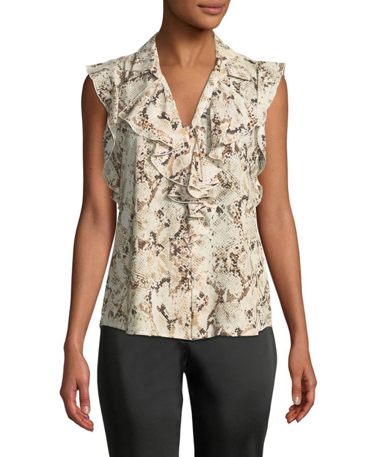 Ruffled Pearly-button Printed Blouse