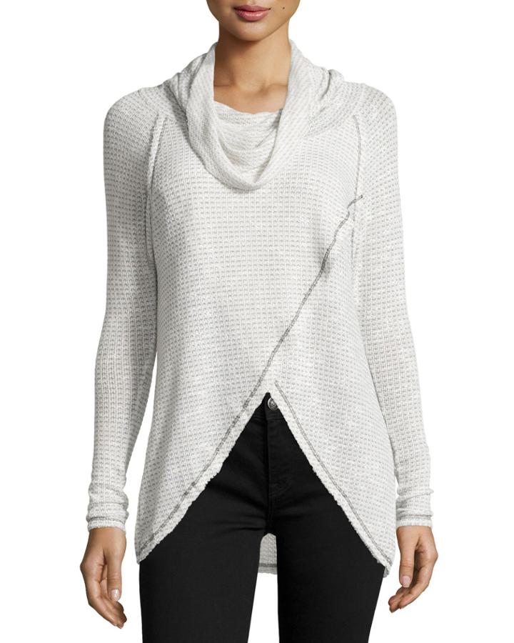 Vintage Havana Waffle-knit Cowl-neck Flyaway Tunic, Ivory, Women's