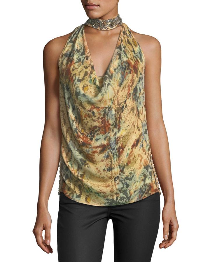 The Orian Draped Halter Silk Tank W/ Embellishments