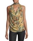 The Orian Draped Halter Silk Tank W/ Embellishments