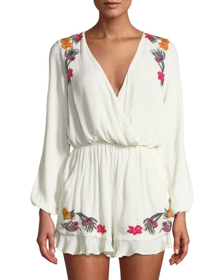 Adriana Floral-embroidered Split-sleeve Romper