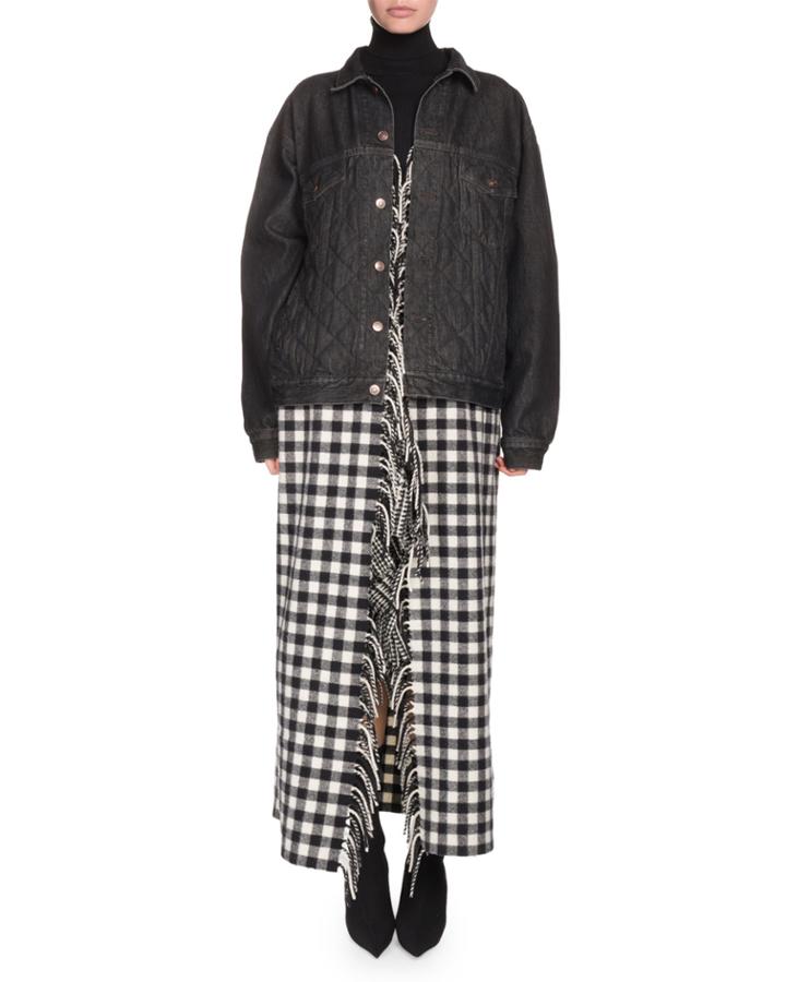 Button-down Quilted Denim Jacket With Plaid Fringe