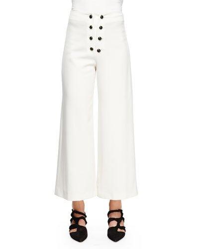 Sailor-button Wide-leg Ankle Pants, White