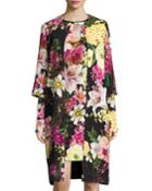 Floral-print 3/4-sleeve Coat, Black
