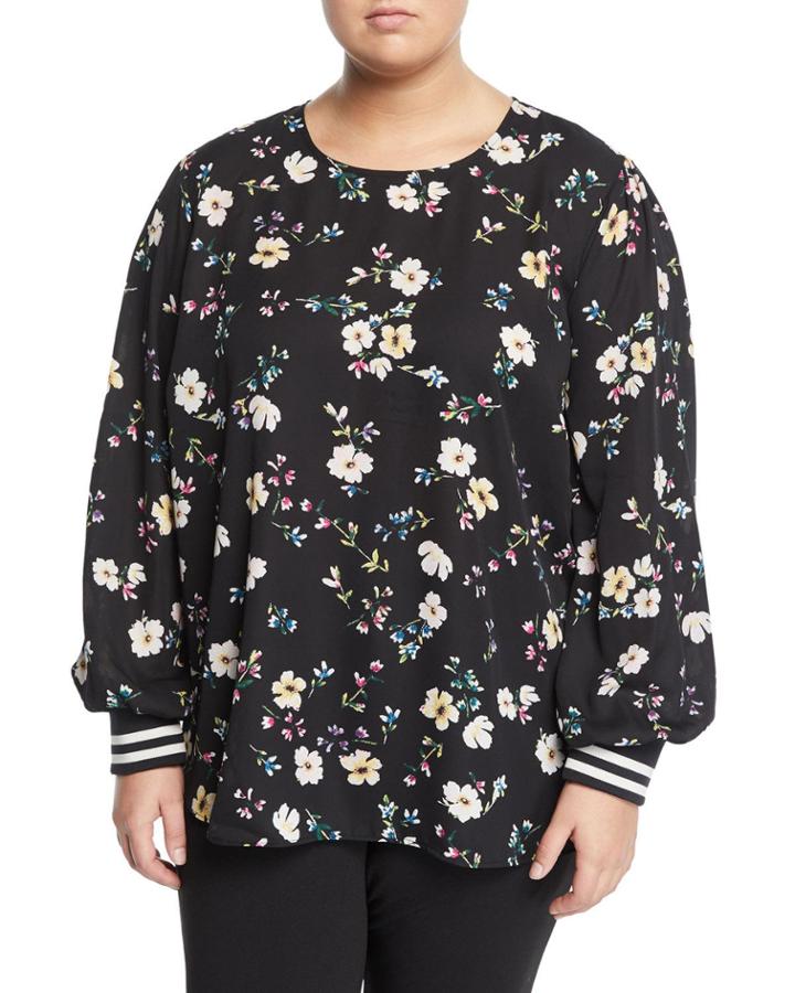 Dean Floral-print Striped-cuff Top,