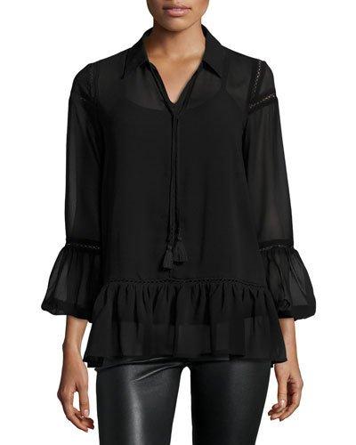 Woven Flowy Tasseled Blouse, Onyx