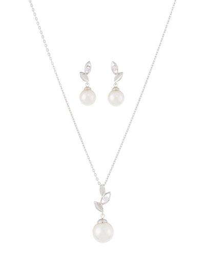 Floral Pearl & Crystal Pendant Necklace & Drop Earrings