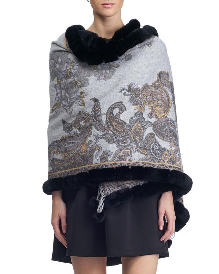Double Face Cashmere Paisley Stole W/ Rex Rabbit Fur Trim
