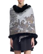 Double Face Cashmere Paisley Stole W/ Rex Rabbit Fur Trim