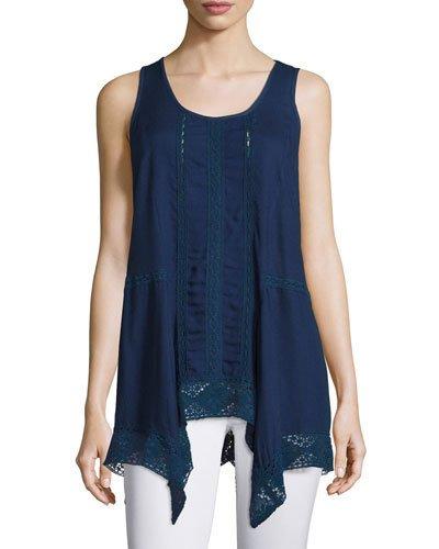 Crochet-trim Handkerchief-hem Tank, Navy