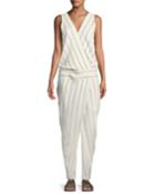Sleeveless Tapered-leg Striped Jumpsuit, Beige