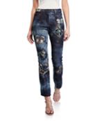 Butterfly Embroidered Tie-dye Washed Jeans