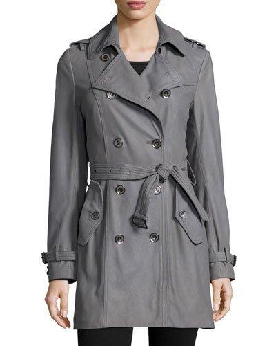 Julia Double-breasted Leather Trenchcoat, Gray