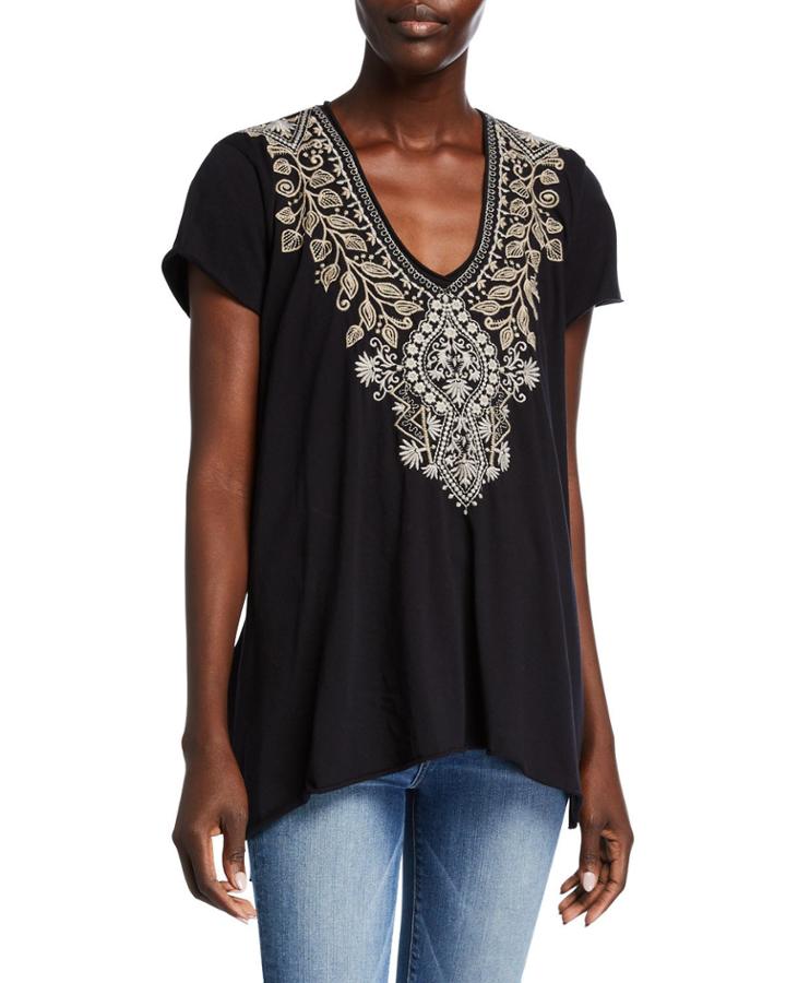 Tasya Short-sleeve Drape Top With Embroidery