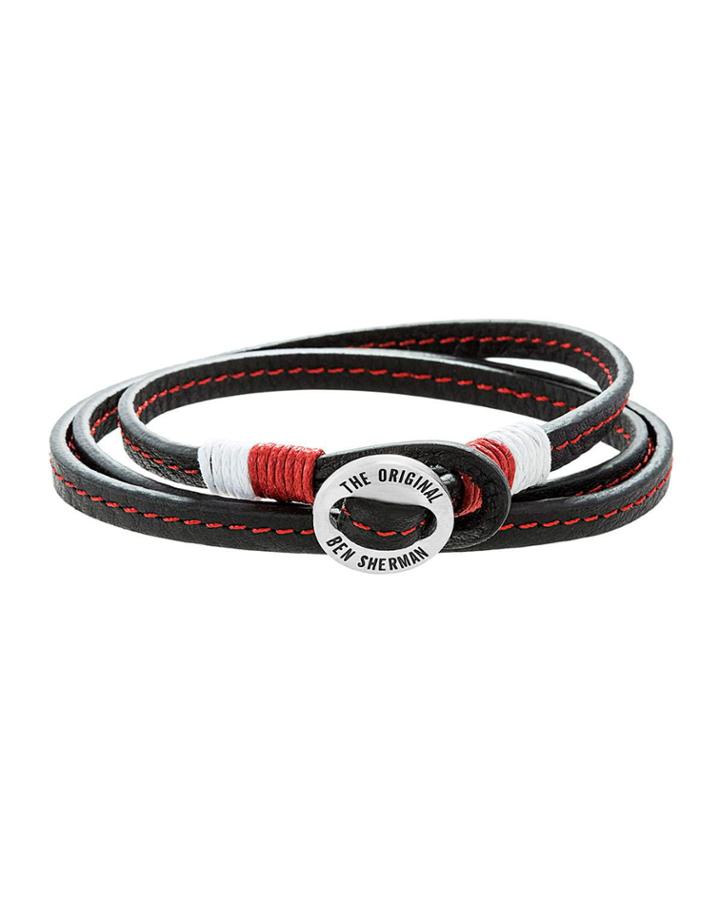 Men's Wraparound Leather Bracelet, Black/red/white