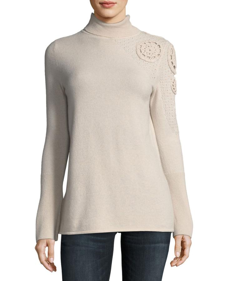 Asymmetric Crochet-shoulder Cashmere Turtleneck