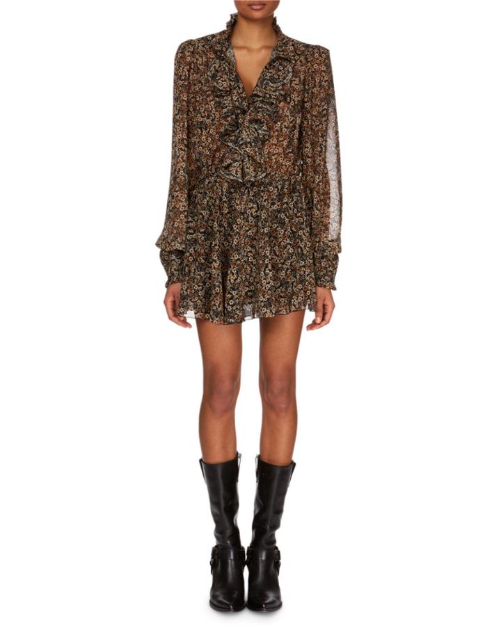 Victorian-flowers Print Long-sleeve Mini Dress W/ Ruffled Frills