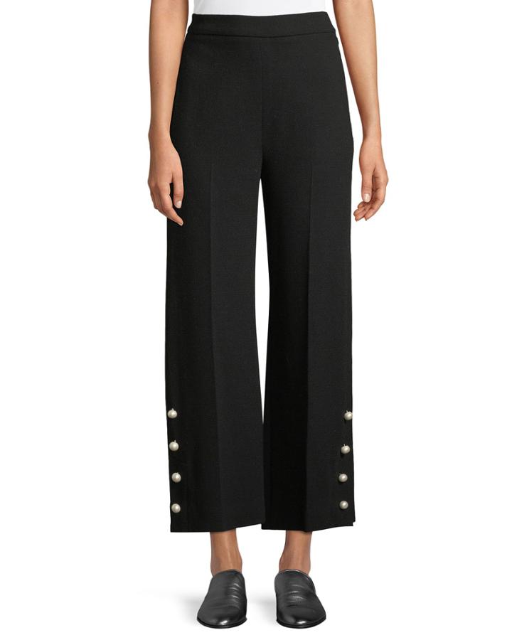 Cropped Wide-leg Pants W/ Pearlescent Buttons