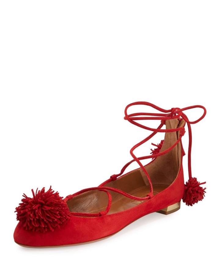 Sunshine Suede Ankle-wrap Flat, Red