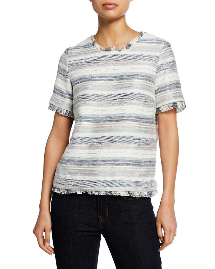 Boucle Striped Top W/ Fringe Trim