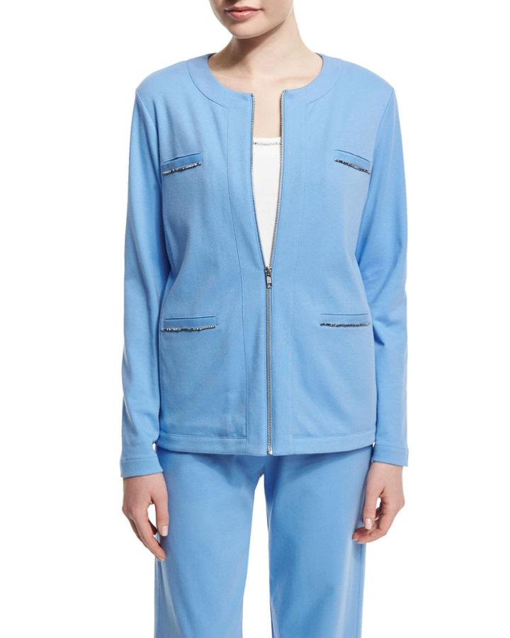 Long-sleeve Four-pocket Chain-trim Jacket, Cornflower