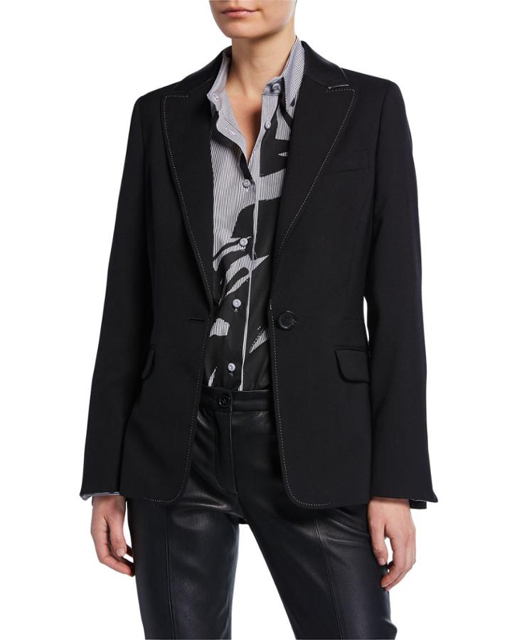 Textured Stretch-wool Blazer With Faux-leather Trim