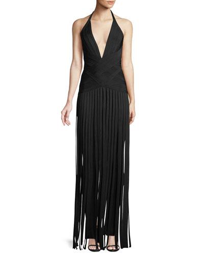 Deep V-neck Bandage Fringe Jumpsuit, Black
