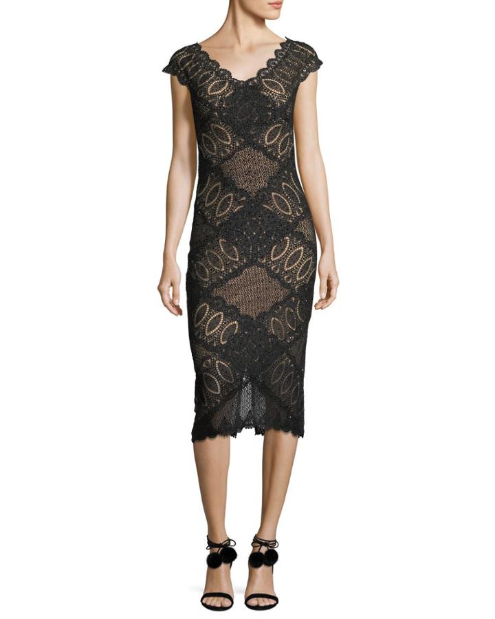 Short-sleeve V-neck Geometric Lace Cocktail Dress