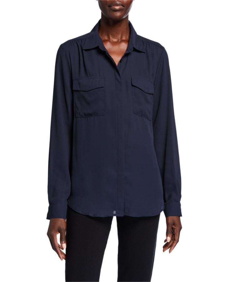Long-sleeve Shirred-shoulder Double-pocket Top