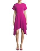 Jewel-neck Short-sleeve Crepe Dress W/ Handkerchief Hem