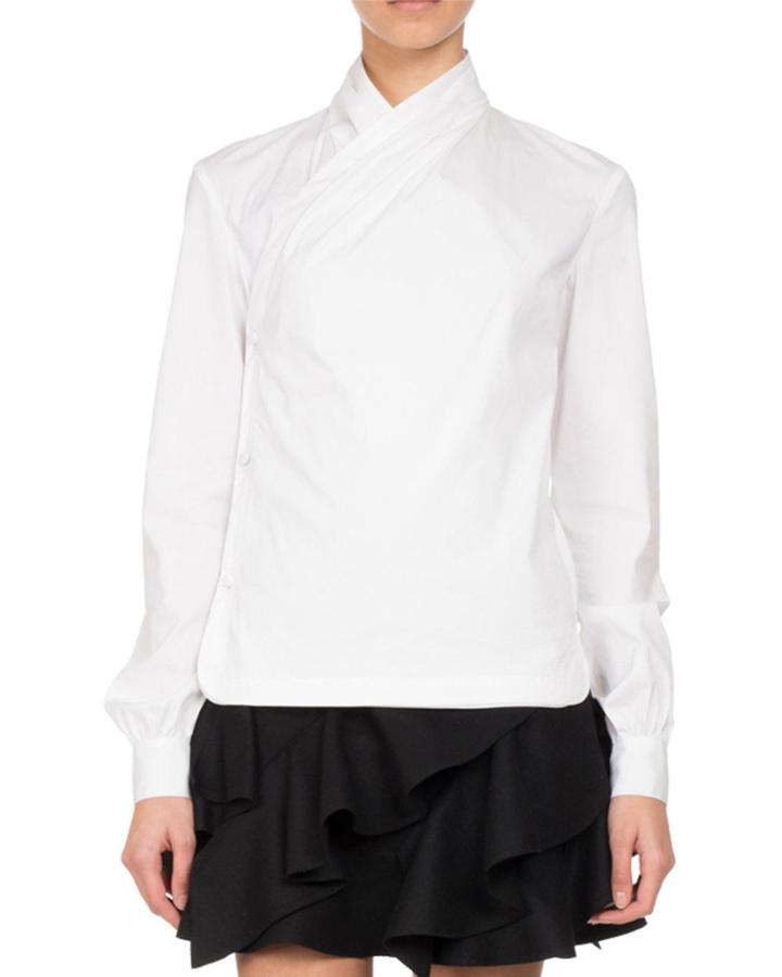 Button-front Poplin Wrap Blouse, White