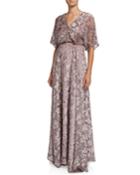 Floral Devore Short-sleeve Gown With Dramatic Back
