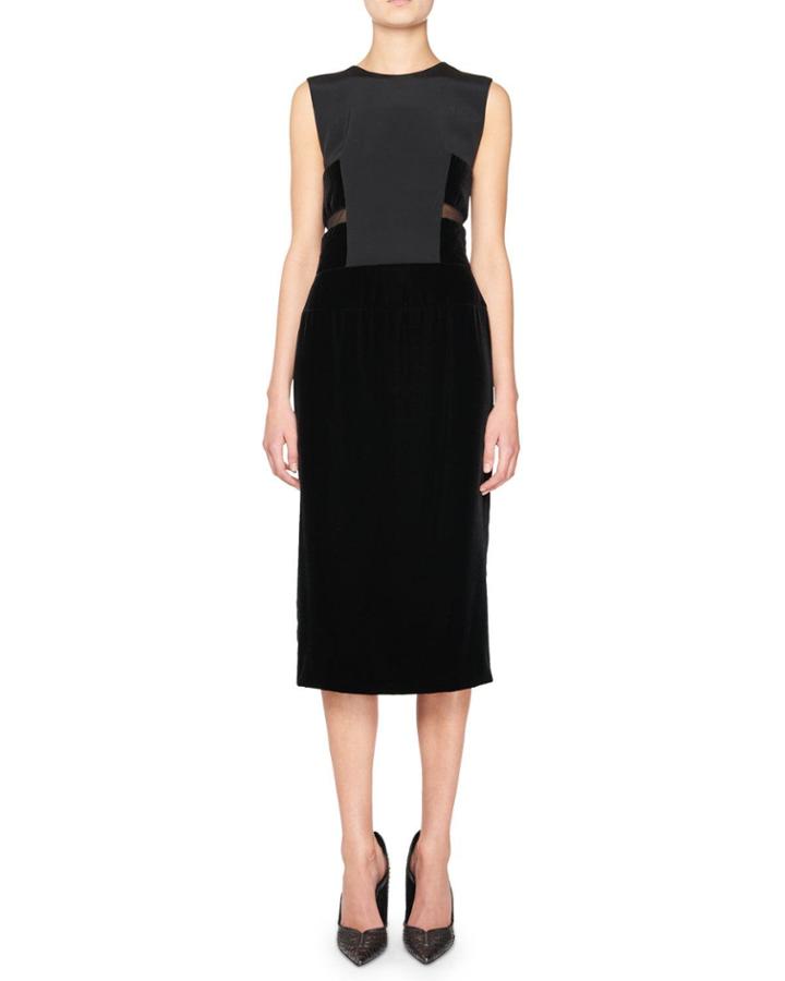 Sleeveless Velvet & Crepe Combo Dress, Black
