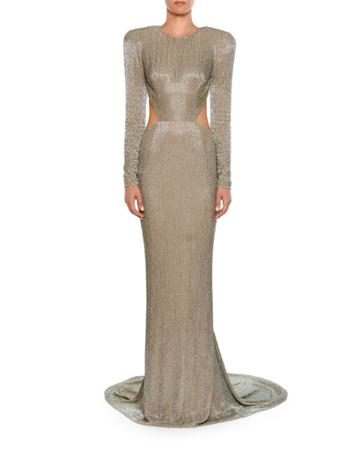 Jewel-neck Long-sleeve Allover Beaded Evening Gown W/ Open Back