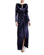 Long-sleeve Satin Gown With Asymmetric Ruching Details