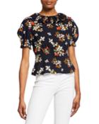 Floral-print High-neck Short-sleeve Ruffle Peplum Top
