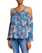 Floral-print Cold-shoulder Tie-neck Blouse