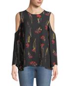 Cold-shoulder Bell-sleeve Floral Blouse