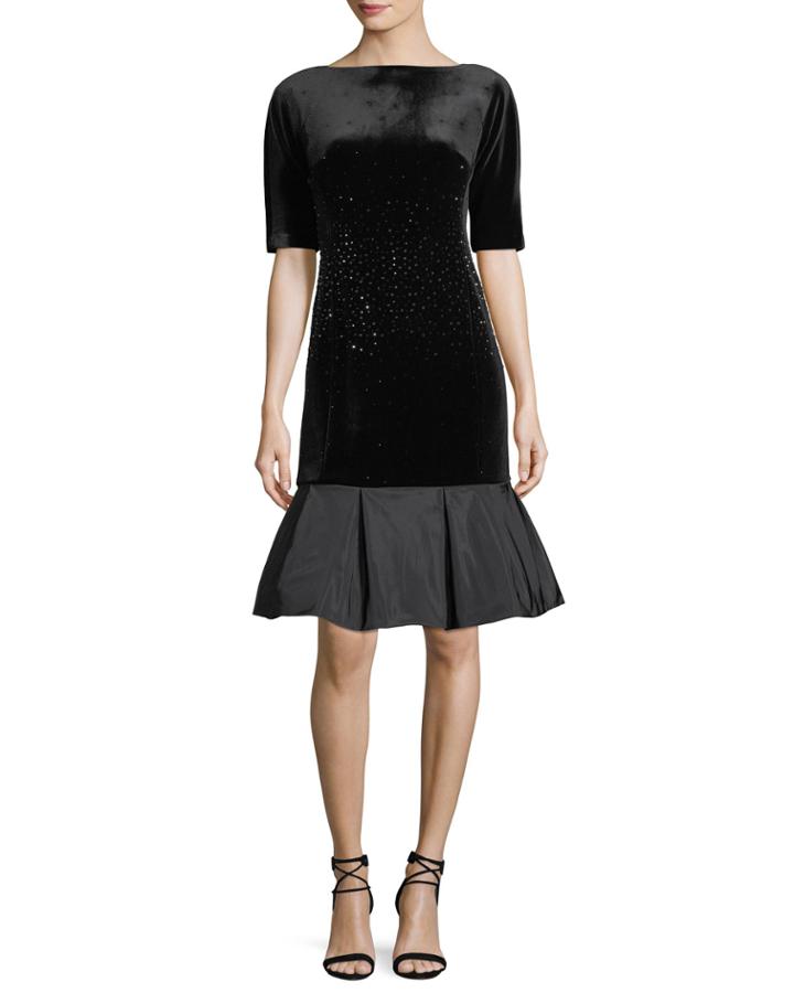 Beaded Velvet Elbow-sleeve Cocktail Dress W/ Taffeta Flounce