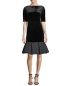 Beaded Velvet Elbow-sleeve Cocktail Dress W/ Taffeta Flounce