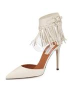 Fringed Ankle-strap Leather Pump, Ivory