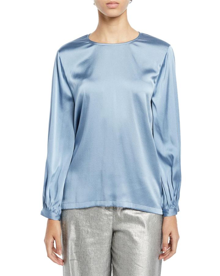 Plus Size Ruched-cuff Silk Charmeuse Blouse
