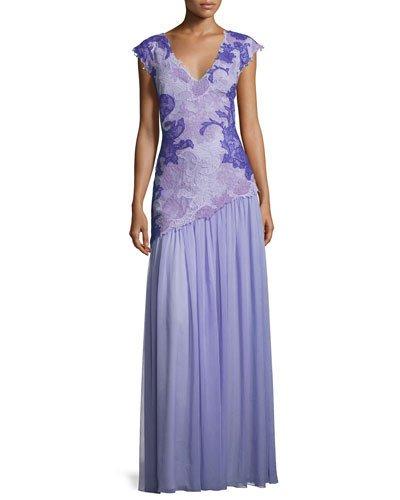 Cap-sleeve Lace & Chiffon Gown, Purple