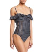 Gingham Ruffle Cold-shoulder One-piece